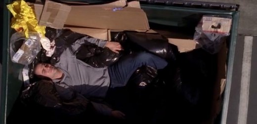 Puck getting tossed into the dumpster by the nerds.
