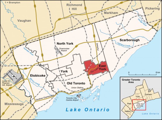 Map location of East York within Toronto, Ontario
