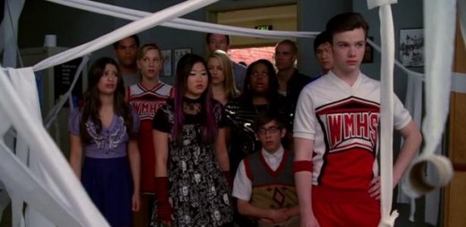 The Glee kids depressed at seeing their Glee practice room TPed by Vocal Adrenaline