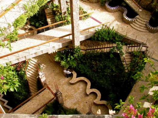 Stairways at Jade Mountain Resort include goldfish ponds and flowering tropical plants at every turn.