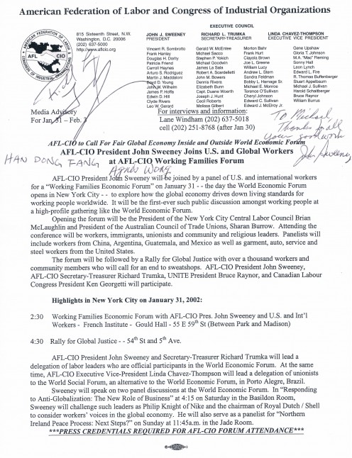 The autographs on this media release include those of then President of the AFL-CIO, John Sweeney and VP Richard Trumka. Today, Richard Trumka is the president.