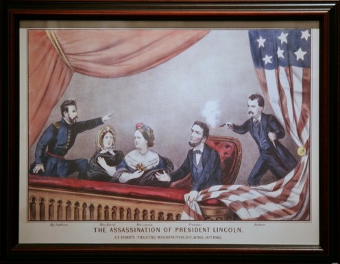 Assassination of Abraham Lincoln From left to right: Major Henry Rathbone, Clara Harris, Mary Todd Lincoln, Abraham Lincoln, and John Wilkes Booth. Currier and Ives print via Wikipedia