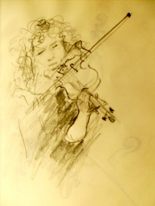 Pencil sketch, from one of my sketch books. You have to work quickly to capture a musician's movement, but it's great practice!