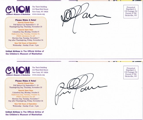 Shown are the autographs of renowned singer Peter Yarrow of the folk group Peter, Paul & Mary, secured at a  fundraiser for his organization, Operation Respect, created "to assure each child a respectful, safe and compassionate climate of learning."