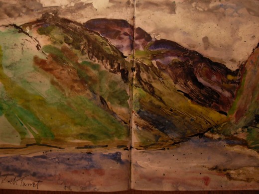 Turret Dam. A watercolour sketch across two pages of my sketch book.(See map below)