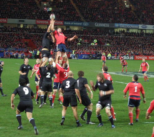 The All Blacks contest a rugby union line out