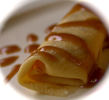 Ice cream crepes and caramel sauce make a great dessert