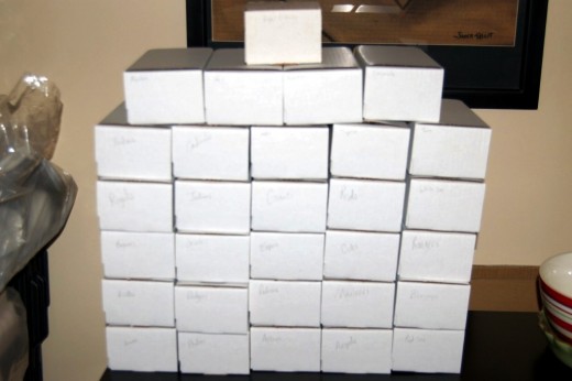 Okay, I didn't get them all organized, but here's 14,000 cards neatly boxed up by teams.  Now they're ready for eBay/Goodwill!