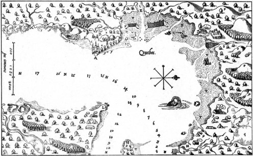 17th century map of the Quebec City are, with the Montmorency Falls marked, bottom right.