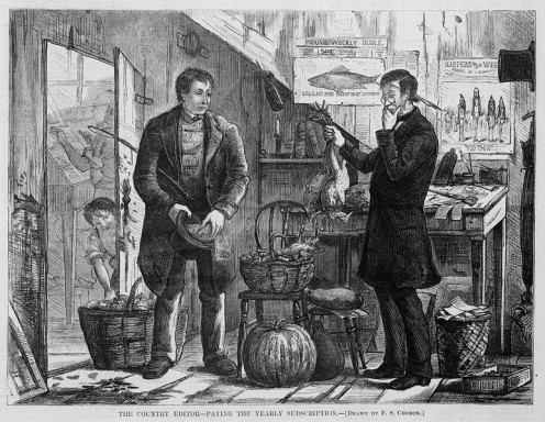 Image of Chickens being bartered for a Subscription From Harper's Weekly.
