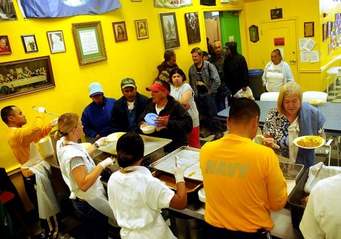 Soup Kitchen in California.  Sailors and Navy helping out serving breakfast to homeless men and women. Its so inspiring.
