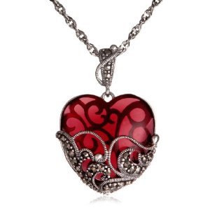 Sterling Silver Marcasite and Garnet Colored Glass Heart Pendant, 18"