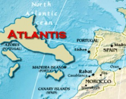 A hypothetical depiction of Atlantis based on the locations of the Africa-Eurasia tectonic plate boundary, the Azores underwater plateau, and the Mid-Atlantic Ridge. Adapted from a map courtesy cia.gov.