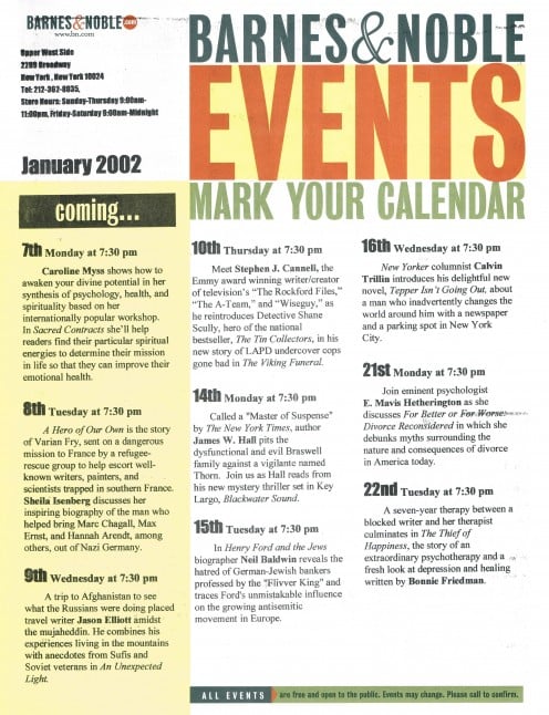 Front of the signed event calendar. While Cahill has written many other books, including, Mysteries of the Middle Ages,  the now deceased, Frady penned books about George Wallace and Jesse Jackson.