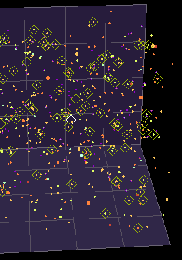 Close-up view of "Stars in the NeighborHood" software, showing stars tagged with olive-green diamonds representing "Garden Spots of the Galaxy." These are the ancient-rich suns near our own. Copyright 2011 Carl Martin. 