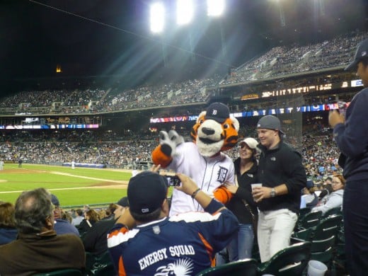 Paws the mascot, Detroit Tigers/Chicago White Sox baseball game, Comerica Park, Downtown Detroit, Michigan