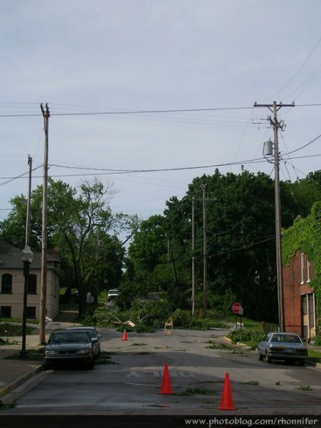 Down trees and power lines were blocking nearly every street, making travel difficult.  (Manistee, Michigan)