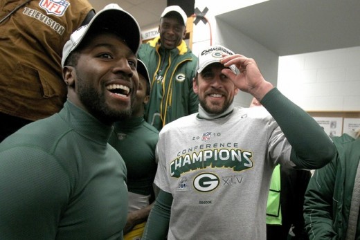 CHICAGO, IL - Jan 23, 2011 Aaron Rodgers with Greg Jennings of the Green Bay Packers celebrate the 21-14 victory against the Chicago Bears in the NFC Championship Game