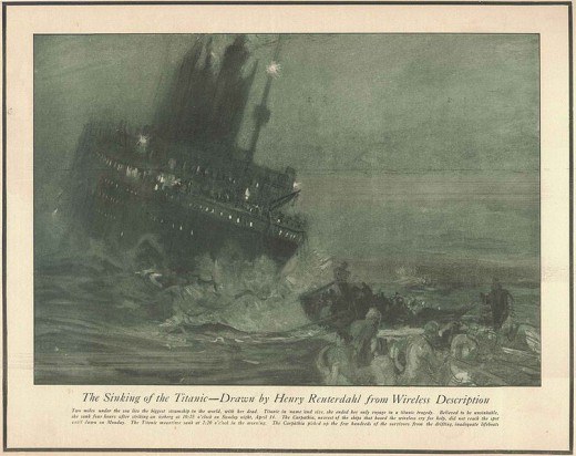 Reuterdahl's drawing of the sinking of the Titanic, constructed by the artists from news accounts of the disaster in 1912.