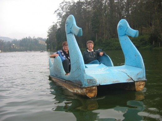 Riding a swan pedal boat on a lake in the cool southern mountains. This is a great area for hiking and visiting tea plantations.