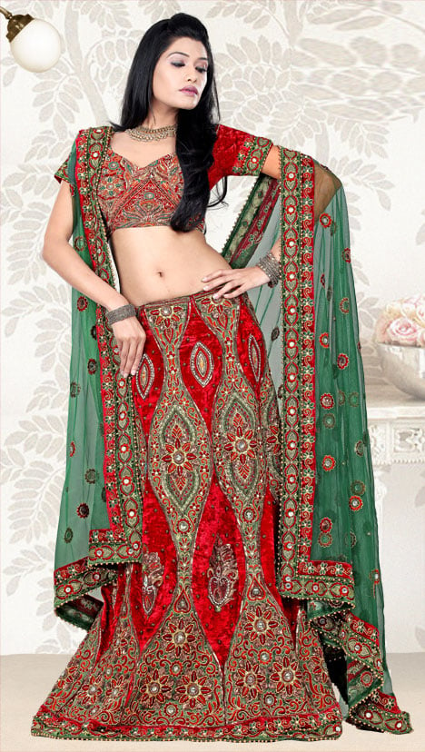 Red and Green is a dynamic combination for a bridal lahenga set