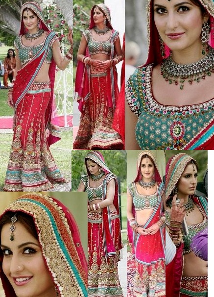 Katrina in Red and Green bridal lahenga