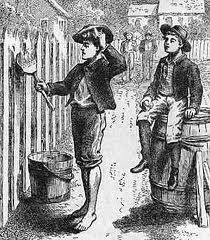 A scene from Tom Sawyer where he manipulates his friends to whitewash a fence for him.
