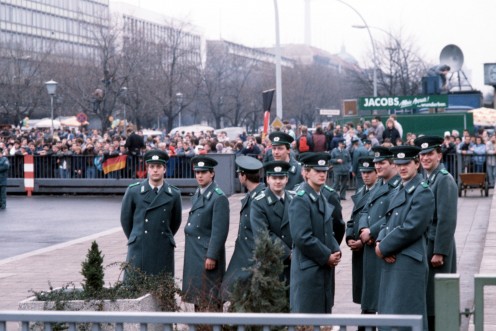 East German People's Police at the opening of the Brandenburg Gate, December 22, 1989