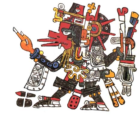 Quetzalcoatl, using attributes of the Wind God Ehecatl.  