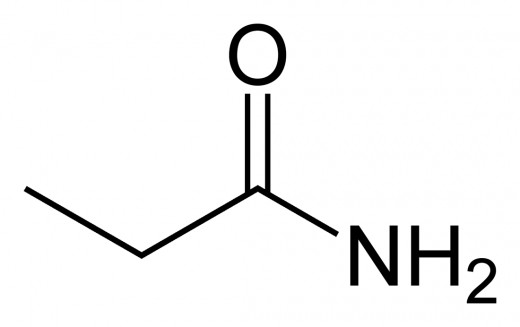 (note that carbons and some hydrogens have been omitted) The main hydrocarbon chain is 3 carbons long, and the terminating carbon has both a amine group and a doubled bonded oxygen atom: propanamide
