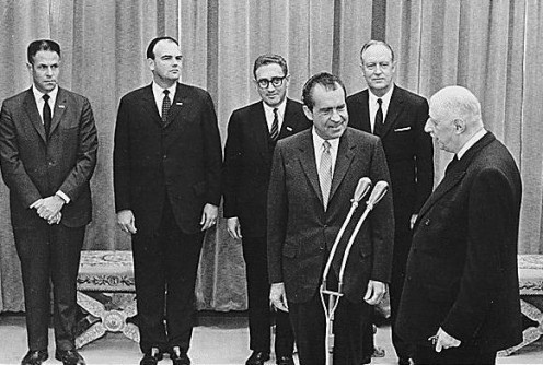 President Richard Nixon and staff with President Charles de Gaulle, 1969