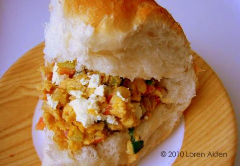 "Menemen makes a delicious stuffing in a Turkish bread." 