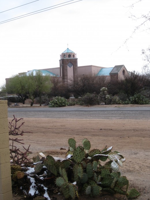 Snow on roof of St. Elizabeth Ann Seton Catholic Church in suburban Tucson, AZ