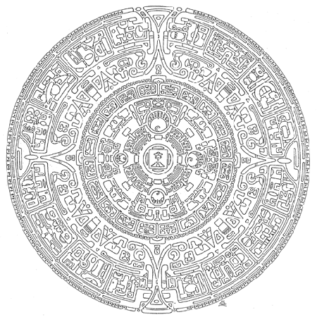 This may be a drawing of the Toltec version of the sun stone calendar, but there is dispute as to its origins.