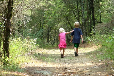 Little sister and big brother exploring the woods.