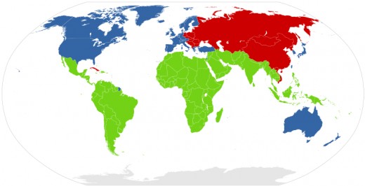Blue first world, red second world, green third world and underdeveloped countrys