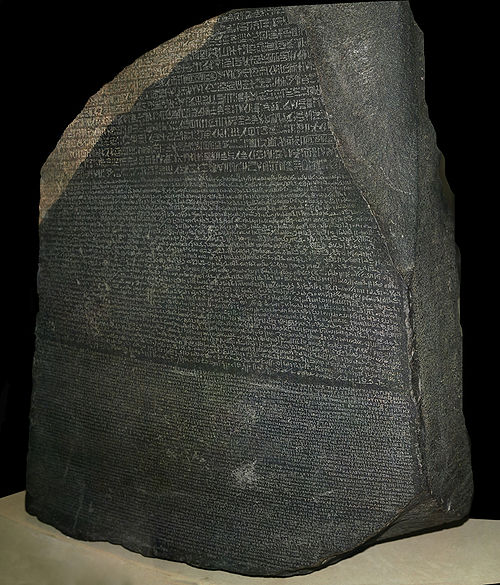 The Rosetta Stone was the first ancient trilingual text discovered in modern times. The Ancient Greek (bottom) enabled researchers to decipher Egyptian hieroglyphs (top) and demotic script (middle).