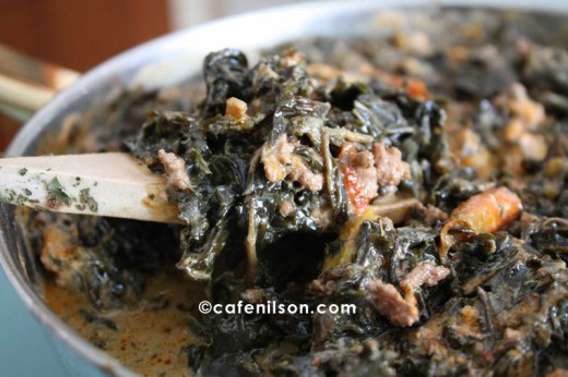 LAING - made up of dried taro leaves cooked in coconut milk and ginger or lemon grass with hot pepper and garnishing of bagoong or shrimp paste, pork or shrimps