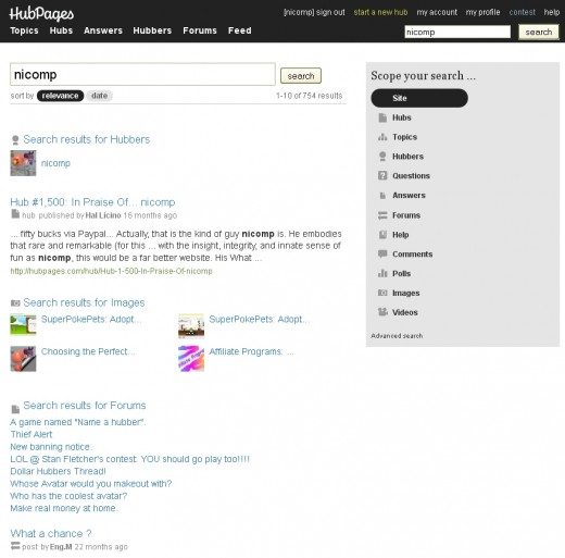 The hubpages.com search page offers a rich set of filtering tools.