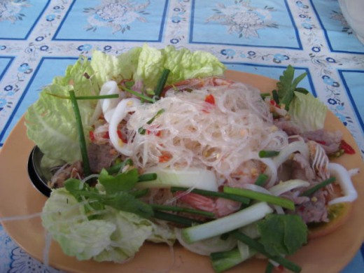 Thai Larb salad with glass noodle, pork, squid and shrimp - 50 baht in Chatuchak Weekend Market