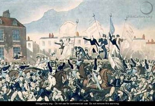 Cruikshank- The Peterloo Massacre. A contemporary print showing Hunt on the Hustings as the Manchester and Salford Yeomanry Charge. Magistrates can be seen watching from window in buildings on left