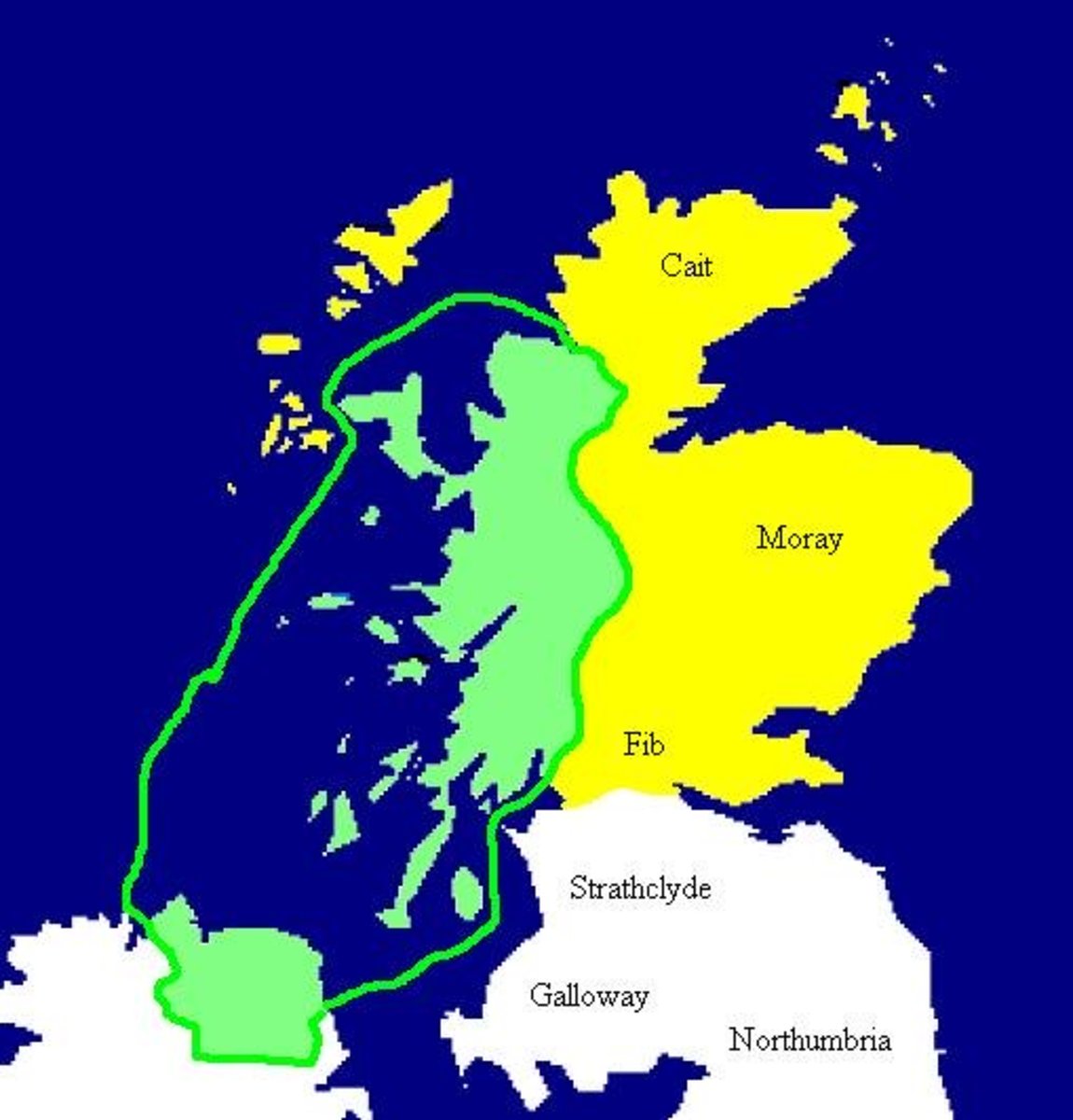 The Kingdom of Dalriada c 500 AD is marked in green. Pictish areas marked yellow. 
