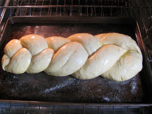 Challah dough once it has been braided and is ready to be baked.