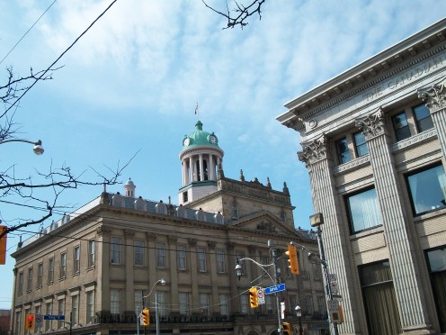 St Lawrence Hall (left) and the Canadian Bank of Commerce building (right)