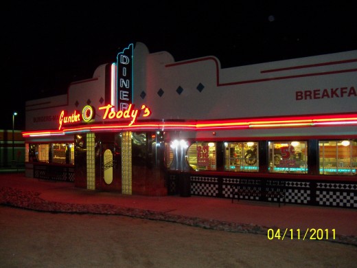 Gunther Toody's lit up for all to see. This is the store located on Palmer Park in Colorado Springs.