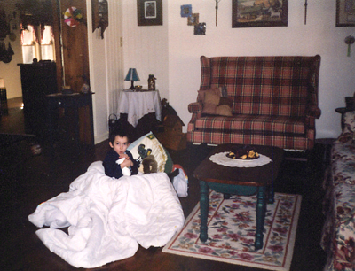 A country living room always has a warm, inviting feel to it, even when non-country elements like a kid in a blanket-lined clothes basket is sitting in it.