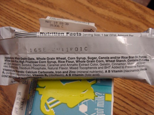 Ingredients in the cereal bar.  Notice the multiple types of sugar listed.