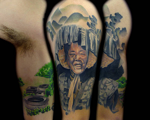 This is a composite of a Hakka Chinese half sleeve on the left arm. The left image is the inside view of the arm, which shows a traditional Hakka Village. The middle image is the side view of the arm, which shows a female Hakka farmer in traditional 
