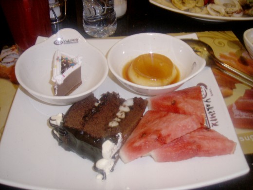Chocolate cake, Leche Plan, fresh water melon