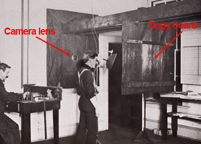 The halftone process camera used for copying the Rocky Mountain News, at the turn of the (20th) century.  This camera was very similar to the one Ewan's shop used for recording on Photomylar.  The negative film would be behind the wall.  